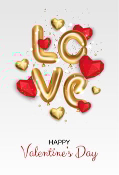 Valentines day holiday gift card. Red and gold heart. Realistic helium ballon. vector