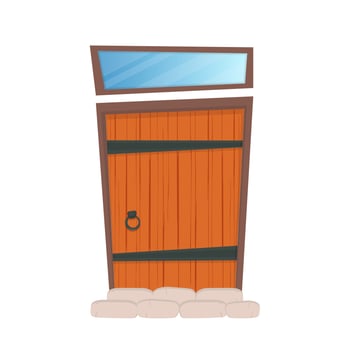 Antique rectangular wooden entrance door. Window above the door. Cartoon style. Isolated. Vector. vector