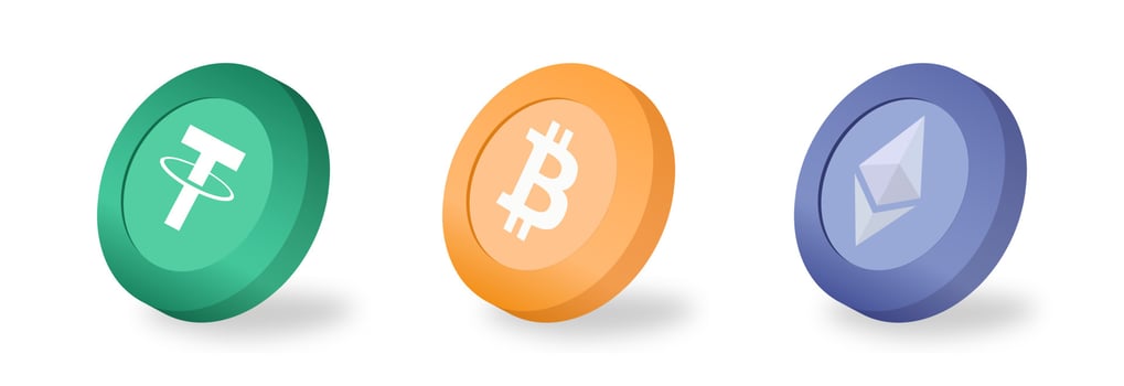 Set of internet virtual cryptocurrency vector icons. 3d bitcoin, 3d tether, 3d etherium. Vector illustration.