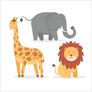Vector illustration of cute animals for kids. Lion, Elephant, Giraffe