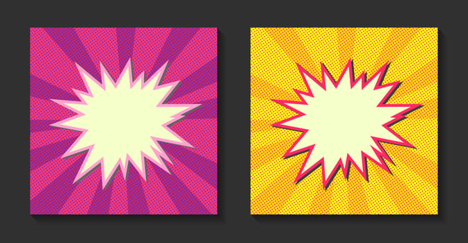 Pop art comic sunburst background. Retro rays, bright sunbeams with dots. vector