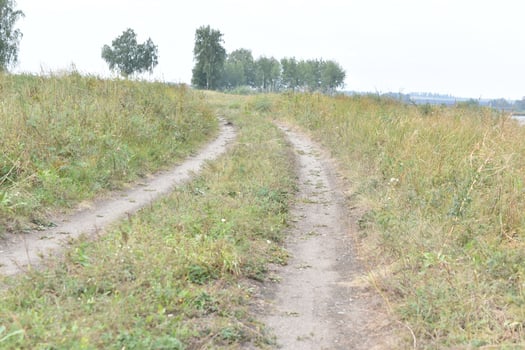 River and mountain with trees in the steppe field photo