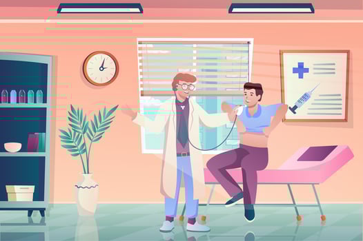 Doctors appointment concept in flat cartoon design. Therapist examines patient, diagnoses and prescribes treatment. Medical services and healthcare. Vector illustration with people scene background