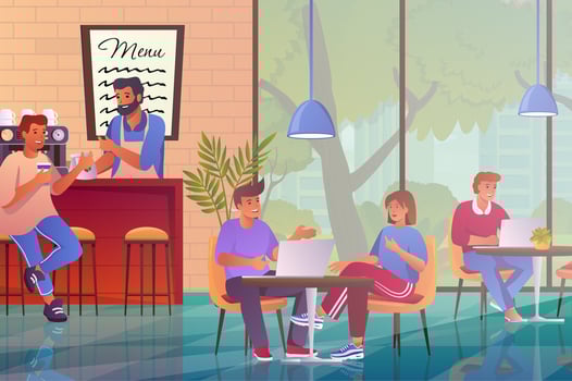 Cafe modern interior with visitors concept in flat cartoon design. Men and women sitting at table in cafeteria. Barista making coffee to customer. Vector illustration with people scene background