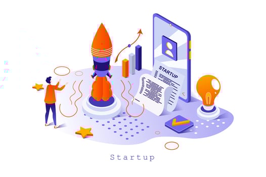 Startup concept in 3d isometric design. Businessman creates and launches new business, planning, management and investment attraction, web template with people scene. Vector illustration for webpage