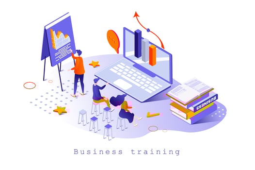 Business training concept in 3d isometric design. Employees learning at coach lecture, mentoring and consulting, career development, web template with people scene. Vector illustration for webpage