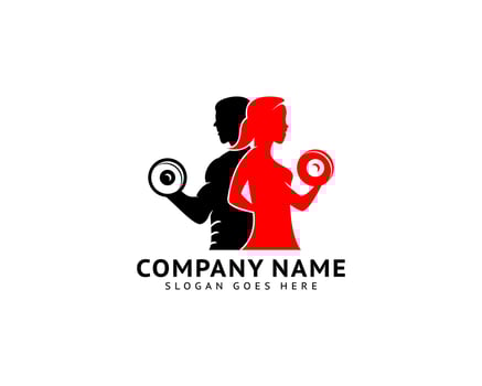 Fitness Gym Logo Design Template with Exercising Athletic Man and Woman Vector Illustration