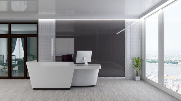 3D Rendering Futuristic Reception Room or Front Desk Mockup photo
