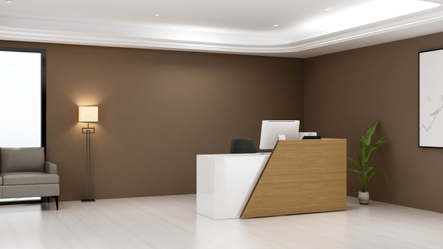 3D Rendering Futuristic Reception Room or Front Desk Mockup photo