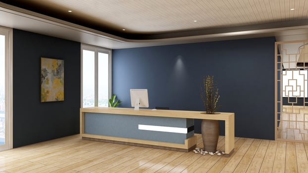 3D Rendering Futuristic Reception Room or Front Desk Mockup photo