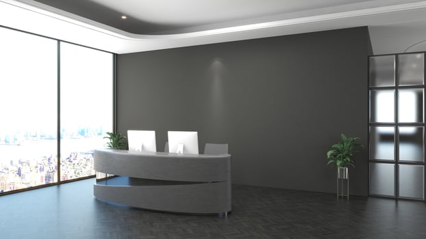 3D Rendering Futuristic Reception Room or Front Desk Mockup photo