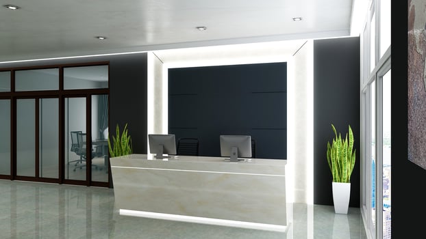 3D Rendering Futuristic Reception Room or Front Desk Mockup photo