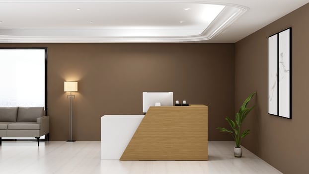 3D Rendering Futuristic Reception Room or Front Desk Mockup photo