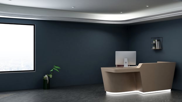 3D Rendering Futuristic Reception Room or Front Desk Mockup photo