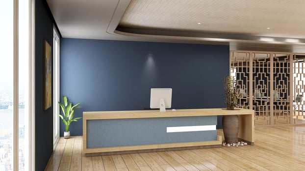 3D Rendering Futuristic Reception Room or Front Desk Mockup photo