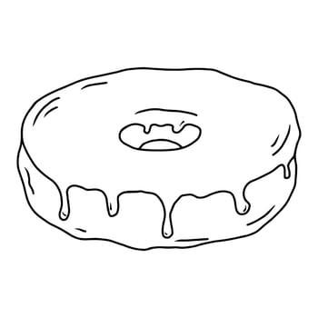 Donut hand drawn hand drawing line. Black and white image. Doodles. Donut with icing.Outline. Confectionery. Children s sweets Coloring book. Vector