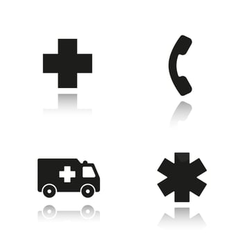 Ambulance drop shadow black icons set. Hospital cross symbol, hotline telephone sign, ambulance emergency car, star of life sign. Isolated vector illustrations