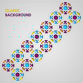 Islamic greeting card banner background with ornamental colorful detail of floral mosaic islamic art ornament vector