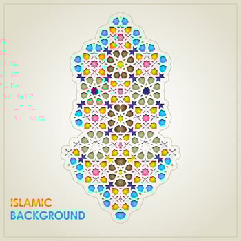 Islamic greeting card banner background with ornamental colorful detail of floral mosaic islamic art ornament vector