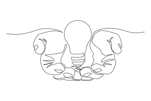 Continuous line drawing of light bulb and two palm hands as a symbol of ideas. Creative problem solving single one line art. Vector illustration