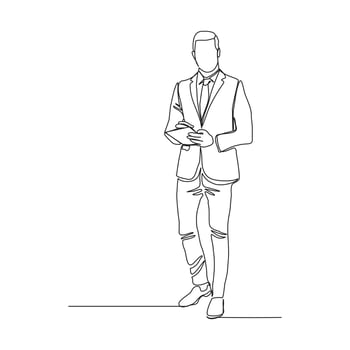 Continuous line drawing of young happy male worker standing while write business note from mentor on paper at clipboard. One single line businessman workshop concept. vector illustration