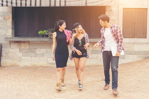 Group of Teenagers Hanging Out In Urban Environment , Summer holiday ,Enjoyment cheerful together. photo