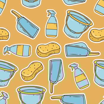 Hand drawn cartoon doodle cleaning tools seamless repeat pattern design vector