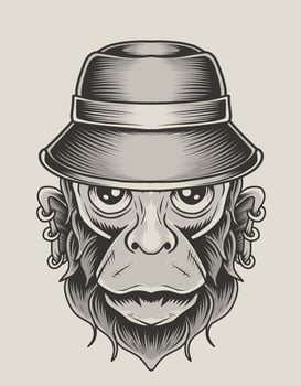 illustration vintage monkey head with hat vector