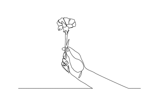 Continuous line drawing of a hand holding bouquet flower. Hand's woman with a flower isolated on white background. Give a sign of love for someone. Minimalism style. Vector sketch illustration