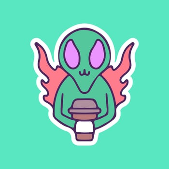 Alien on fire holding coffee cup. illustration for t shirt, poster, logo, sticker, or apparel merchandise. vector