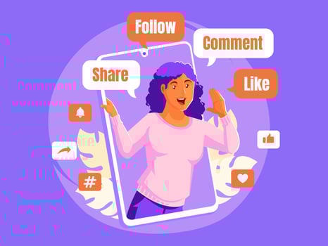 Black women shout promotion social media share follow comment and like vector