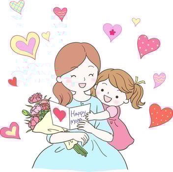Daughter gives mother card and carnation flowers vector
