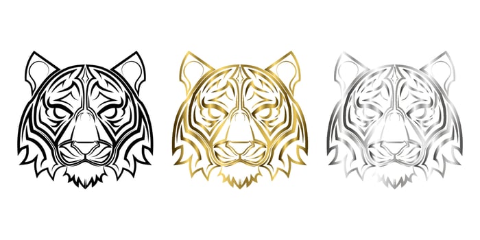 Three color black gold and silver line art of tiger head Good use for symbol mascot icon avatar tattoo T Shirt design logo or any design vector