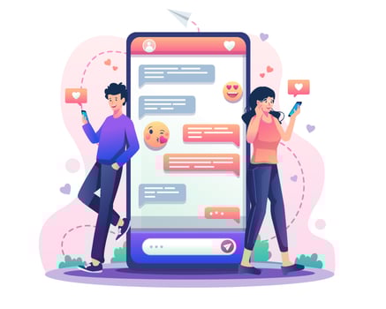 Online dating and social networking with a young man and woman are texting each other chatting via smartphone. Virtual relationships concept. Flat style vector illustration