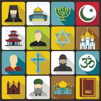 Religious symbol icons set, flat style vector