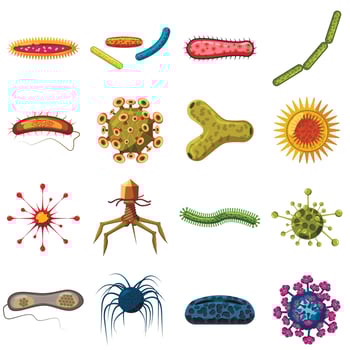 Virus bacteria icons set, cartoon style vector