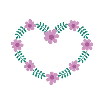 Floral frame heart shaped. Border with cute simple flowers and leaves. Vector flat illustration on white background