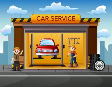 Cartoon workshop with mechanic crew repairing a car vector