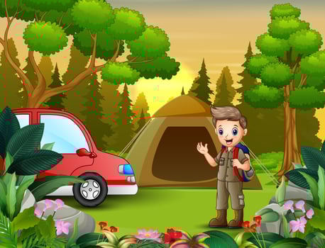Summer camping with the scout boys and red car vector