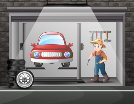 Cartoon workshop with mechanic crew repairing a car vector