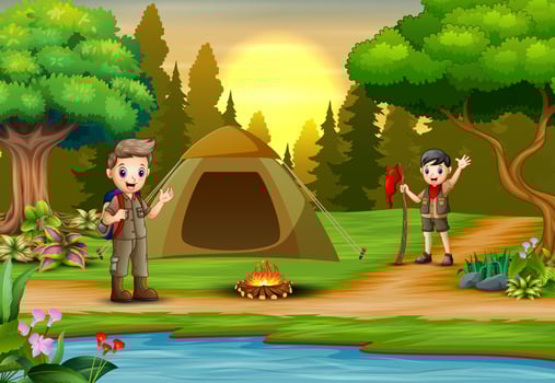 Scout boys on campsite with tent and backpack vector