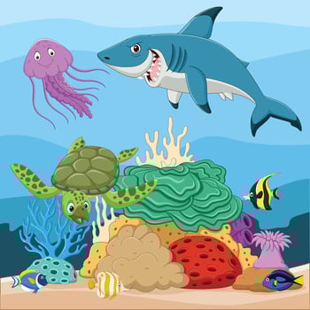 Cartoon tropical fish and beautiful underwater world with corals vector