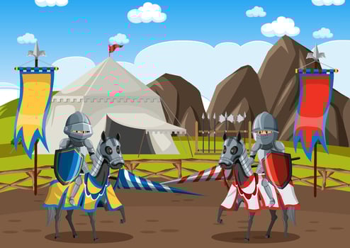 Two medieval knights fighting together vector
