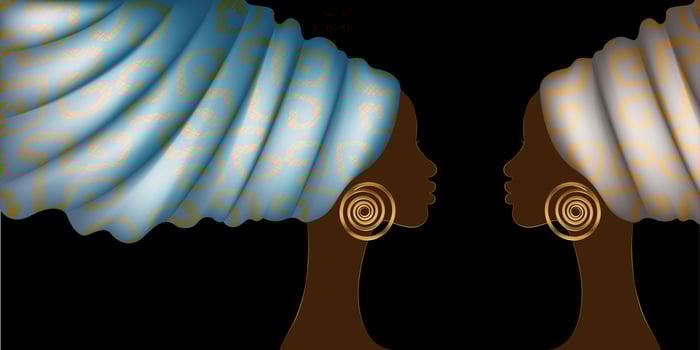 African women banner in fashion wax print turban, beauty of two twins. Black Woman portrait Afro hairstyles, hair dress concept. Africa ethnic template isolated on black background vector