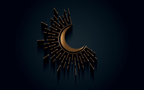 Sun and moon gold line art clipart. Golden Outline sun, moon logo Mystical Sacred geometry, magic pagan Wicca goddess, god symbol. Vector luxury sign illustration isolated black background