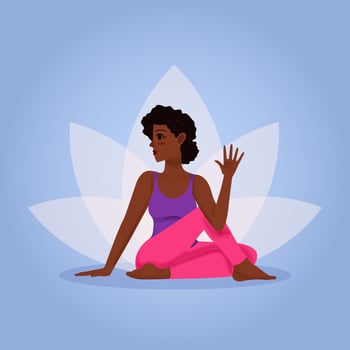 Dark skin young girl training yoga asana bhadrasana for wellness sitting on floor with lotous background vector
