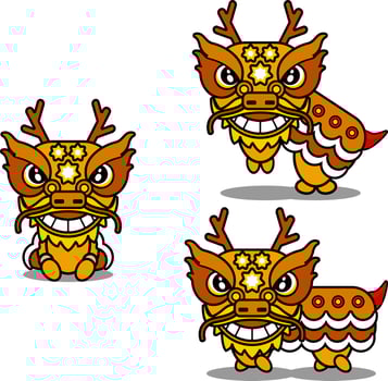 Chinese zodiac dragon animal mascot cartoon vector with lion dance head set bundle