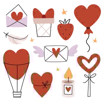 Set of vector illustrations for Valentine's Day. Hearts, gifts, candy, candle, feather, stars. Flat, linear, minimalism illustration.