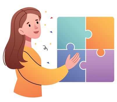 The girl assembles a puzzle.Concept of logical thinking, analytical mind, human intelligence, problem solving, brainstorming. vector
