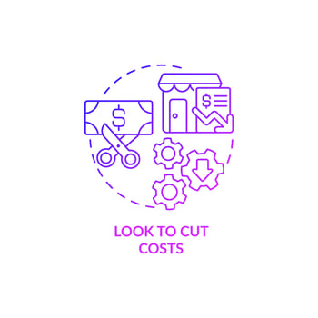 Look to cut costs purple gradient concept icon. Budgeting for small business abstract idea thin line illustration. Isolated outline drawing. Roboto-Medium, Myriad Pro-Bold fonts used vector
